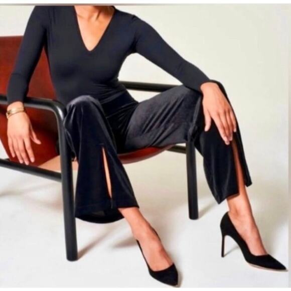 SPANX Velvet Split Hem Wide Leg Pants Black Slimming Comfort Women's Size L - Picture 2 of 8